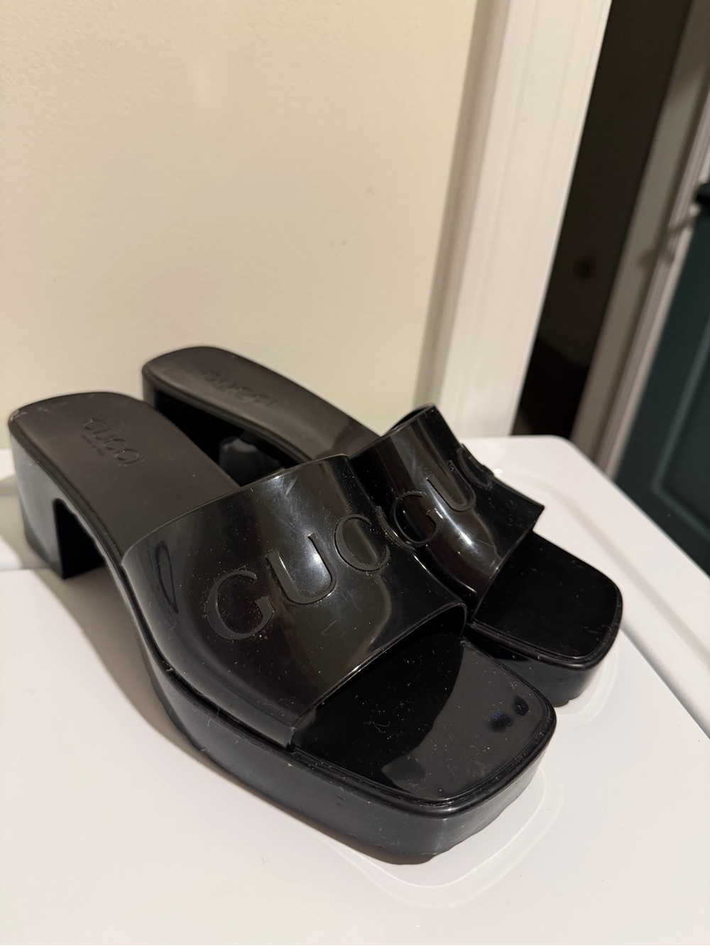 Gucci Black Patent Logo Slide Mules
